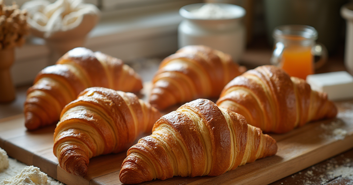 Freshly baked Gipfeli croissants on a wooden cutting board with baking ingredients and a handwritten recipe card, set in a cozy kitchen