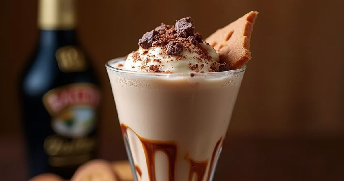 Baileys Irish Cream Chocolate Wafer Drink served in a glass with chocolate syrup drizzle and crushed wafer pieces