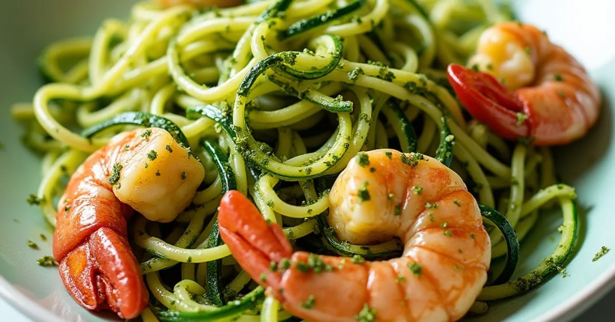 Pesto langostino zucchini noodles with fresh herbs and garlic