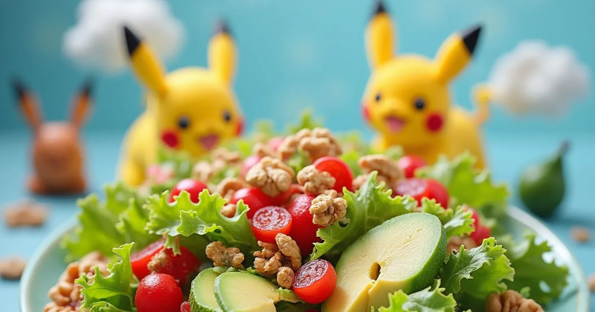 Colorful and nutritious Pokémon-inspired sleep salad with fresh ingredients like kale, cherries, and walnuts